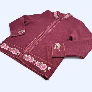 Vintage Tabi Floral Embroidered Wine Red Zip-Up Woolmark Cardigan with Pocket